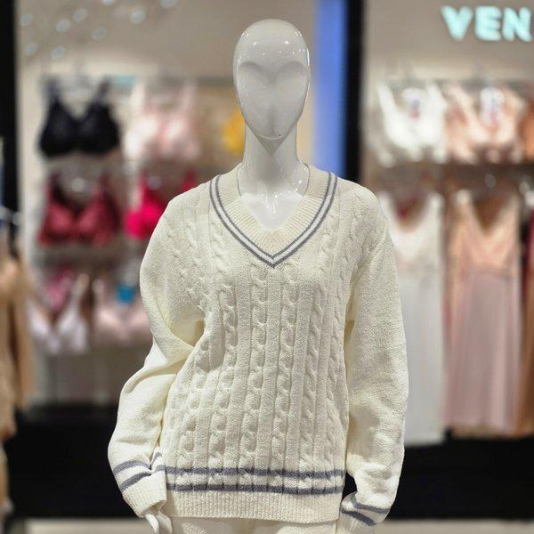 Vネックケーブル編みジャカードセーター 上着 室内着(vev3976w)_s