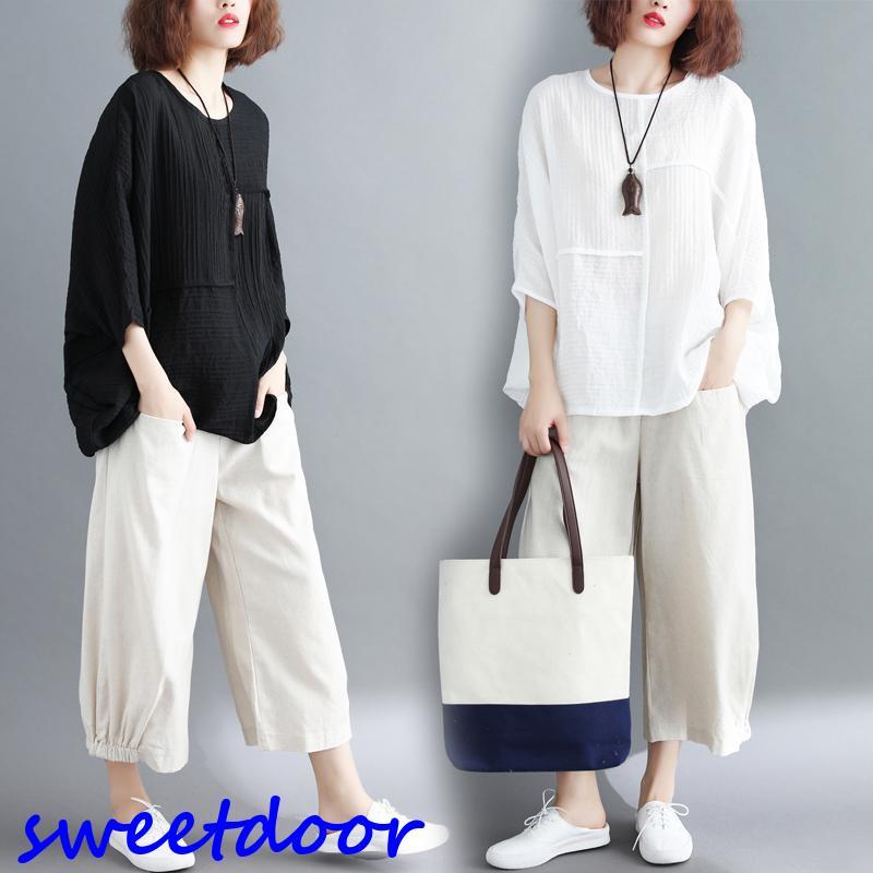 即纳セットアップ 森ガール レディース Tシャツ ガウチョパンツ 九分丈 体型カバー ゆたり 大きいサイズ カジュアル トップス