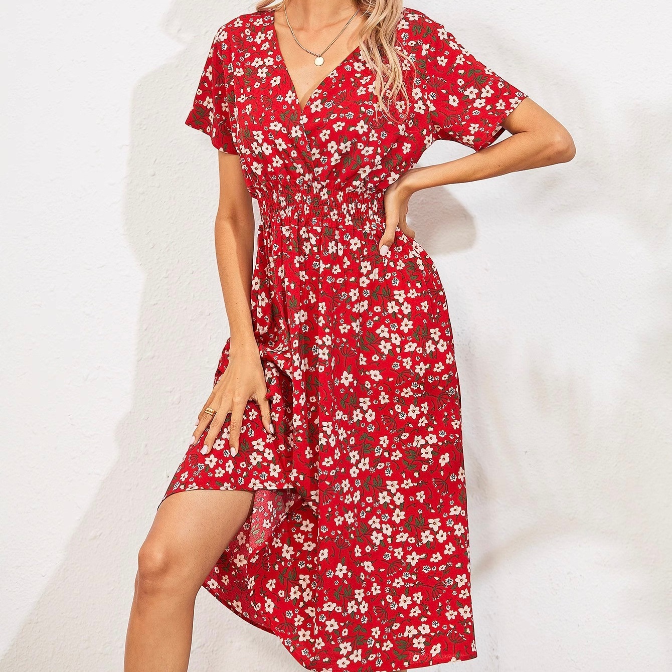 レディース ワンピース フレア 膝下 ミモレ 半袖 カシュクール Aライン フェミニン ウエストマーク ハイウエスト ウエストゴム かわいい 大人可愛い きれいめ シンプル カジュアル おしゃれ