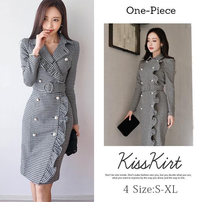 【即納】ワンピース レディース きれいめ フォーマル 結婚式 ドレス スーツ タイトワンピ 千鳥格 長袖 キャバ フォーマル 通勤 OL 30代 40代