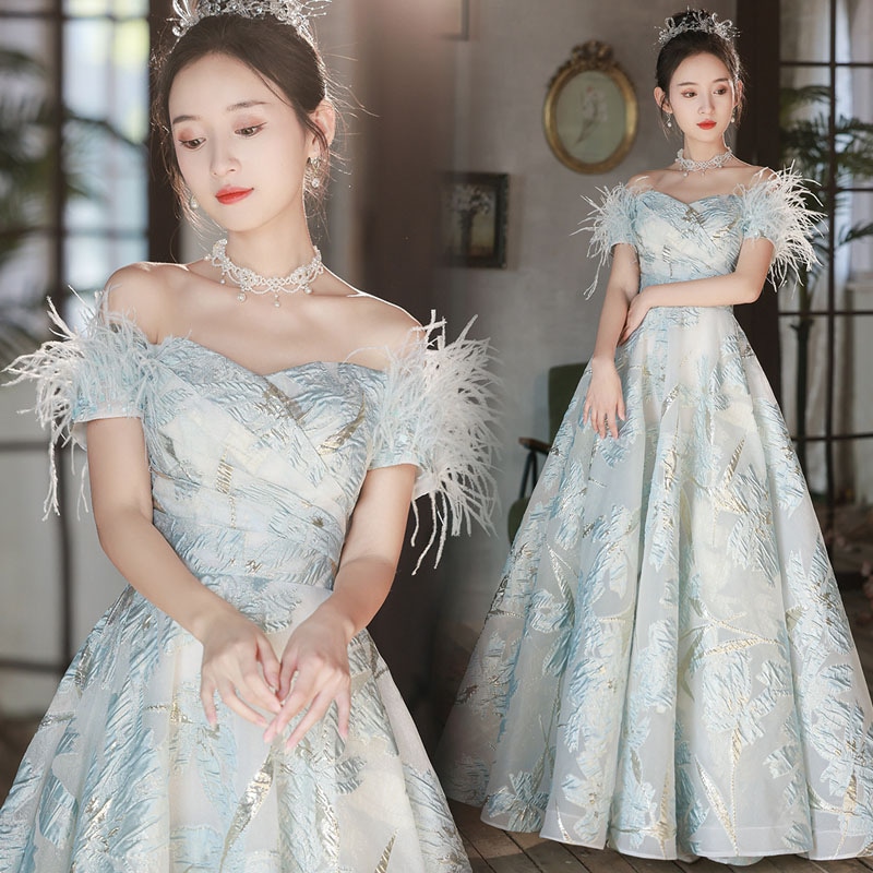 イブニングドレス ブルー オフショルダー 発表会ドレス ロングドレス 水色 サテン ドレス オシャレ 高級感 パーティードレス 演奏会ドレス コンサート コンクール コンテスト 結婚式ドレス