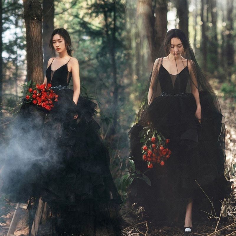 2024 フォレストスタイル写真撮影黒ウェディングドレススタジオテーマ写真カラーガーゼ撮影黒ガーゼトレーリングスリングレトロ気質 4,667円