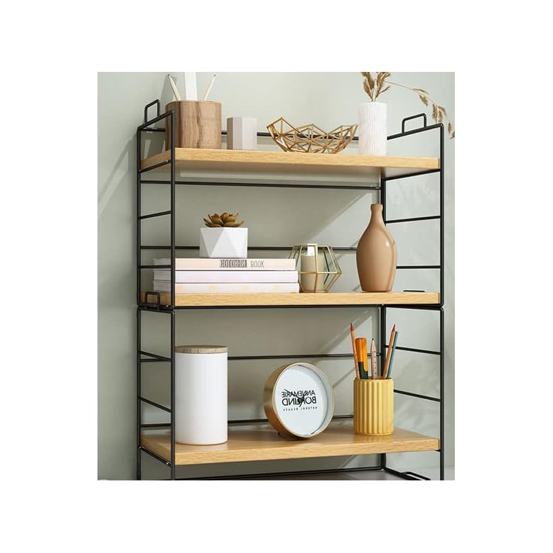 オープンラック 本棚 デスク収納 ラック 上置棚 シェルフ 収納ラック 棚 収納棚 北欧 机上ラック テーブルラック本 文房具 飾り 小物置き 整理 組立簡単 (棚板3枚, ウッド色棚板+黒色フレーム
