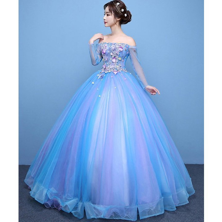 ウエディングドレス カラー ピアノ演奏会 袖あり 豪華 ロングドレス 結婚式 花嫁ドレス 二次会 パ