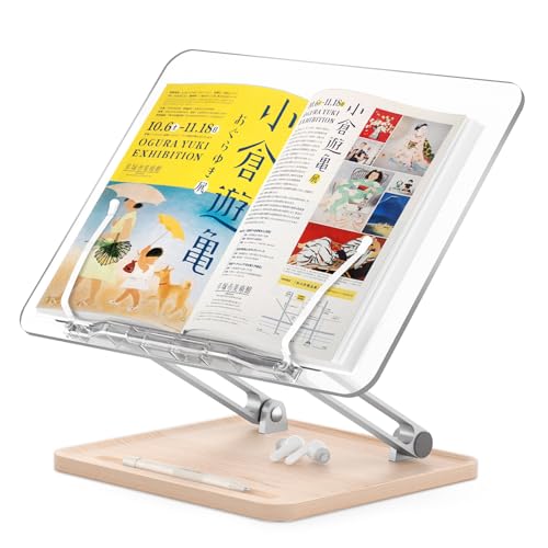 ブックスタンド 卓上 書見台 本読み台 アクリル 木製台座 折り畳み式 高さと角度調整可能 読書台 PCスタンド 料理本ホルダー