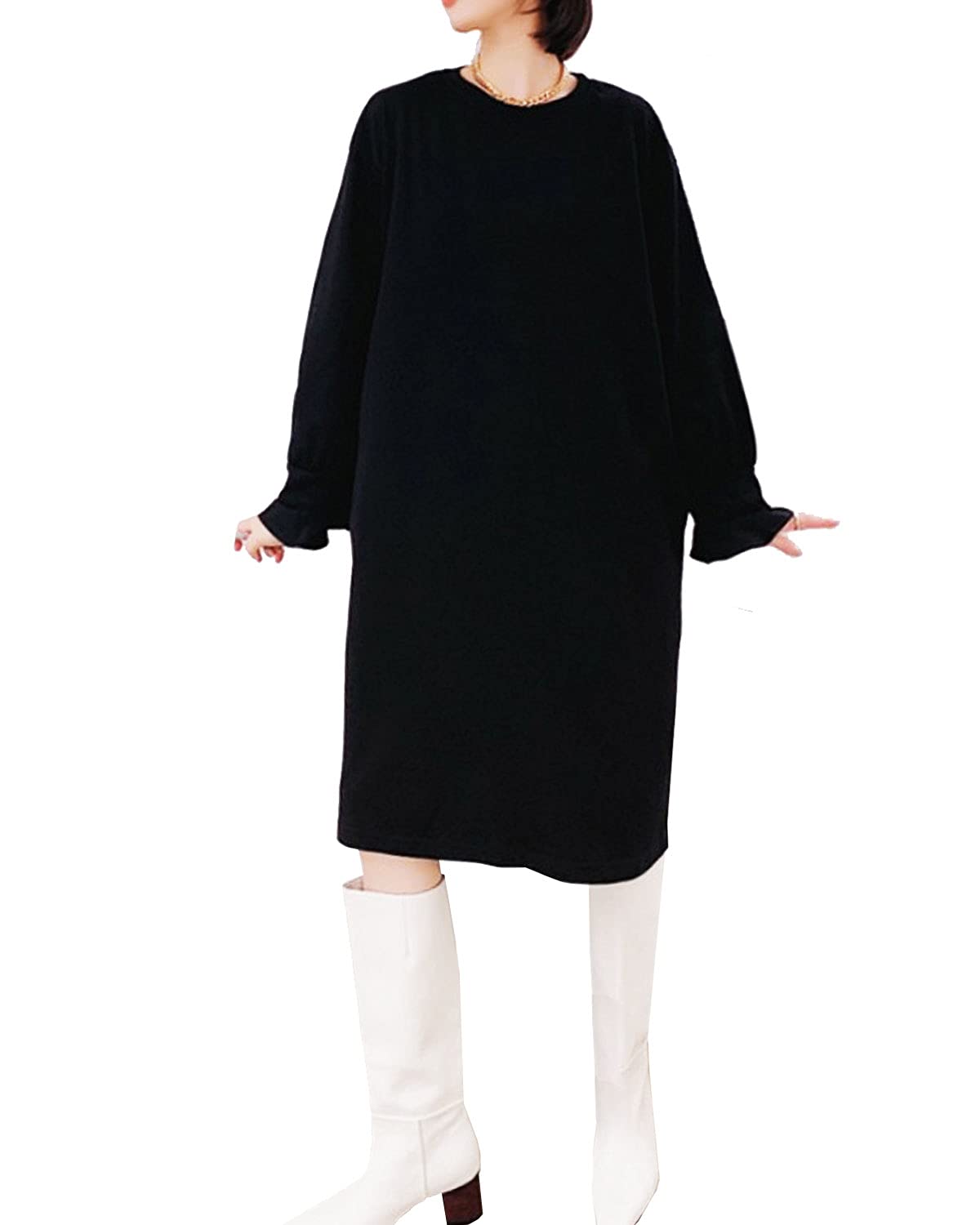 2カラー スウェットワンピース ポケット付き 袖フリル 体型カバー 楽ちん 膝下 無地 レディース