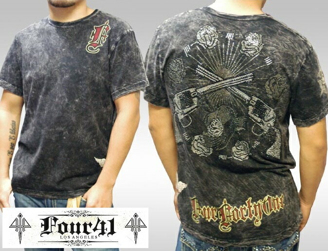 Four41 Los Angeles フォーフォーティーワン メンズ ラインストーン Tシャツ ガン&ローゼス ブラック k-19 スワロフスキー インポート セレブ ブランド ストリート LAセレブ