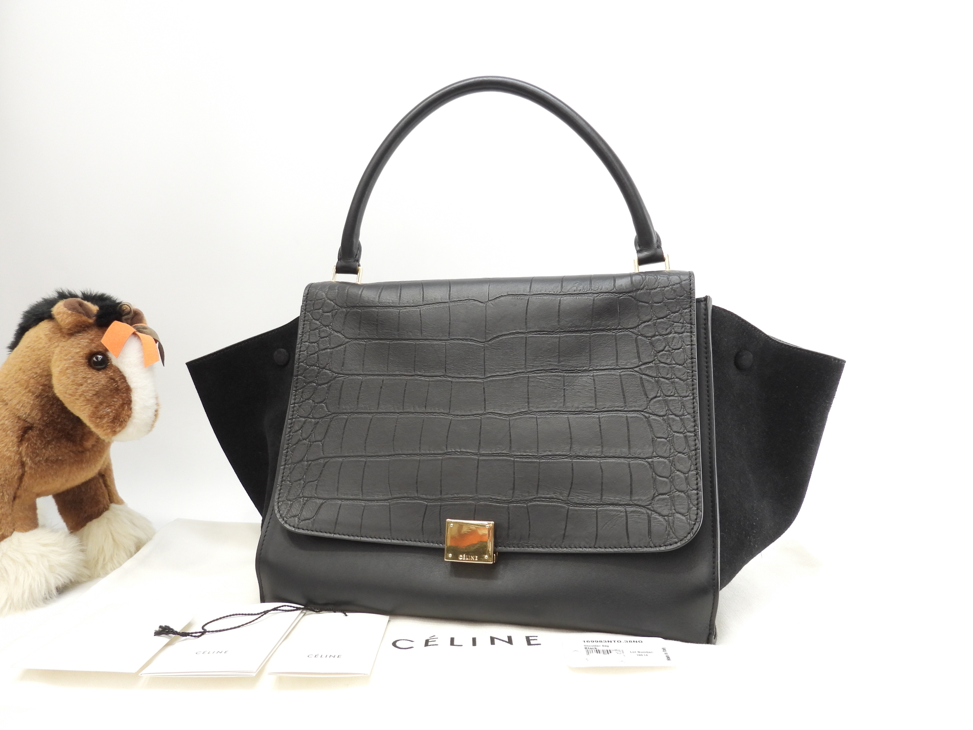 トラペーズGM クロコ型押レザー 黒 ハンドバッグ トートバッグ ホーボーバッグ 美品@F-TB-0162