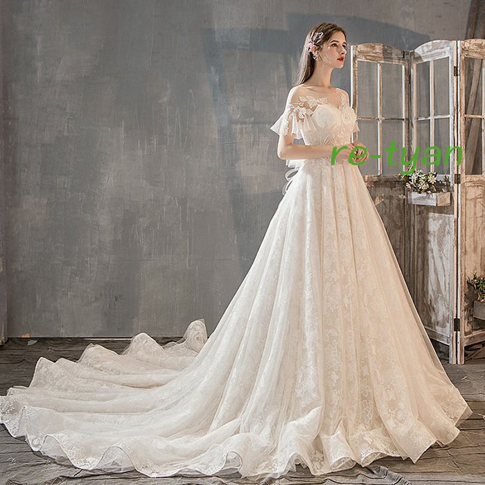 ウェディングドレス エンパイア/トレーンラインパフスリーブ 花嫁ロングドレス 簡約 結婚式 露背 二次会 エレガント 可愛い刺繍レース お呼ばれ 挙式 姫系