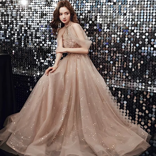 【取寄：納期2週間】演奏会ドレス イブニングドレス キラキラ 発表会 演奏会 レディース 結婚式 ステージ衣装 ロング丈 エレガント ウエディングドレス カラードレス ホルターネック