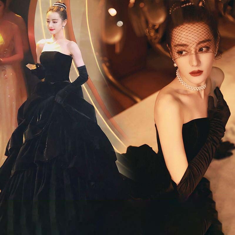 黒のイブニングドレス2025新しいスタイルのセレブの大きなコーヒーの宴会年次総会のパフォーマンスホストロングテールドレス