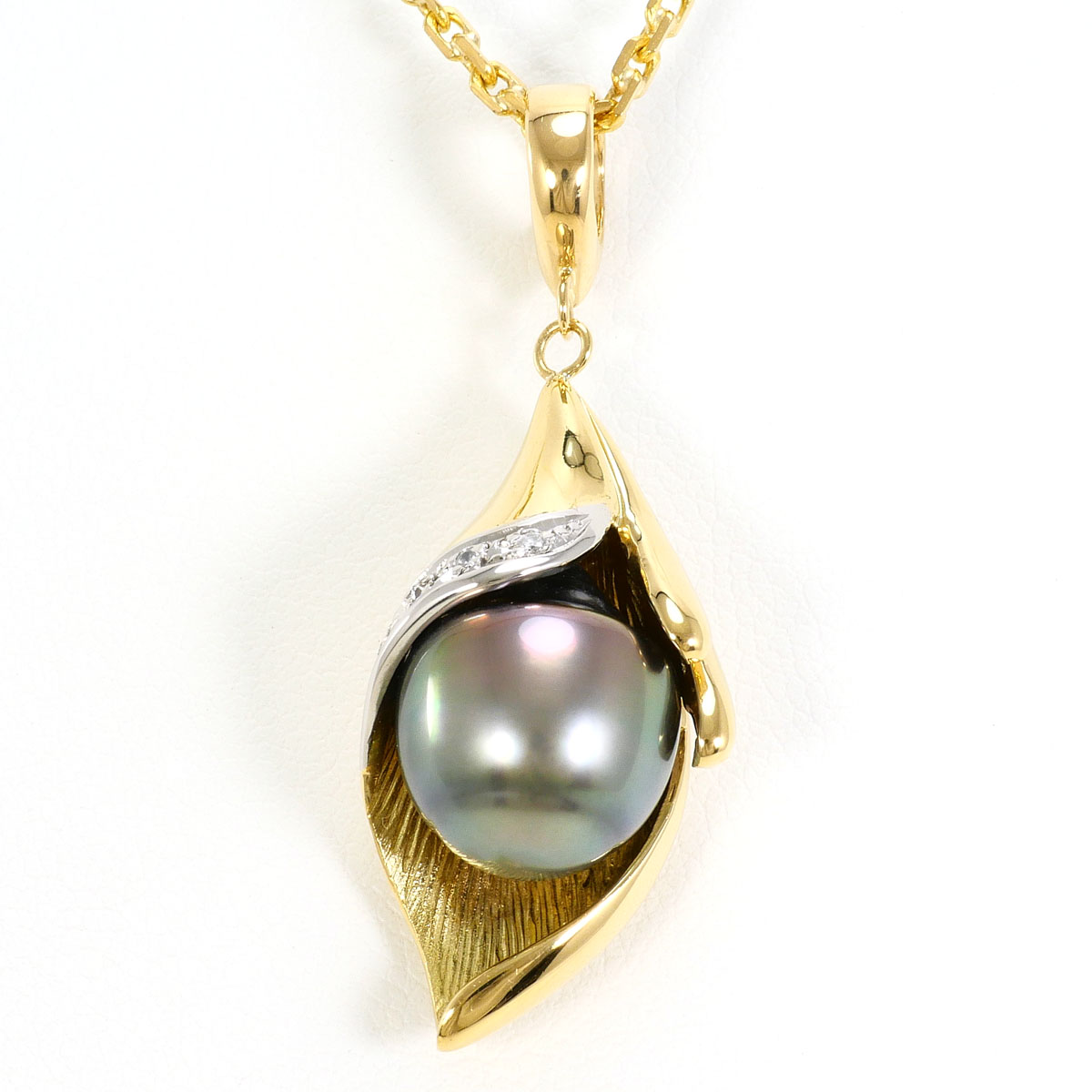 K18 18金 YG イエローゴールド PT900 プラチナ ネックレス 黒蝶真珠 ダイヤモンド 0.04 ct カード鑑別書 総重量約9.5g 約39cm 中古