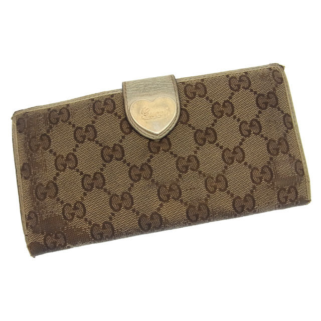 長財布 /Wホック/二つ折り GG柄 /ハートロゴプレート付き ブラウン系 ホワイト ゴールド 中古