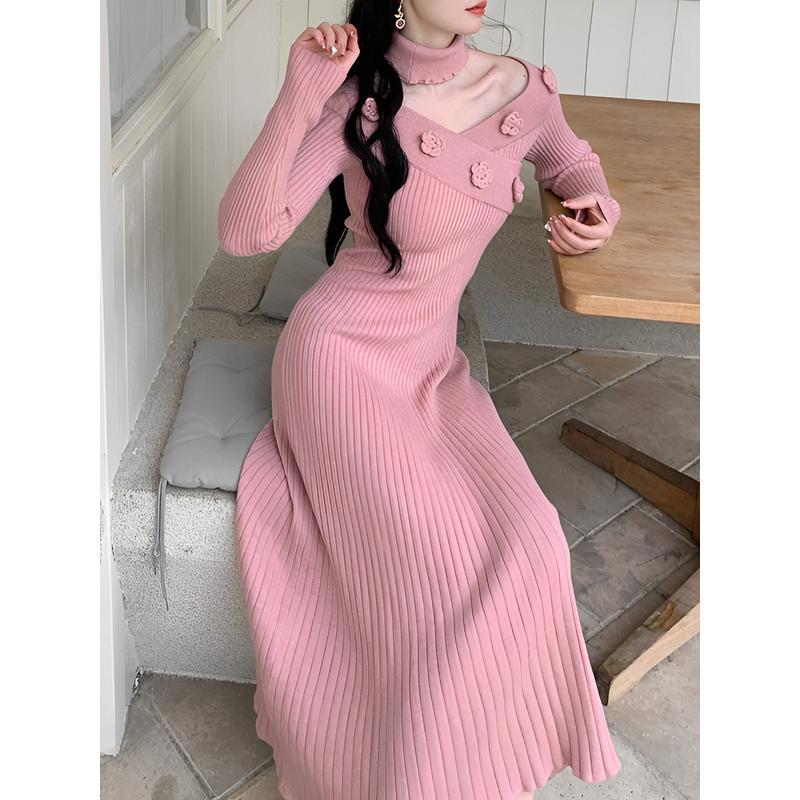 シックで優しい女神の扇子ニットドレスバラの花のデザインのウエスト感と細い気質のスカート 母の日 母の日-0008587ドレス