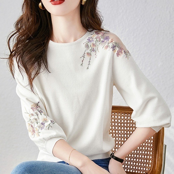 トップス カットソー 7分袖 ラウンドネック ミディアム丈 プルオーバー 刺繡 透け感 肩見せ かわいい 大人可愛い きれいめ シンプル 上品 おしゃれ かっこいい カジュアル こなれ感 個性的