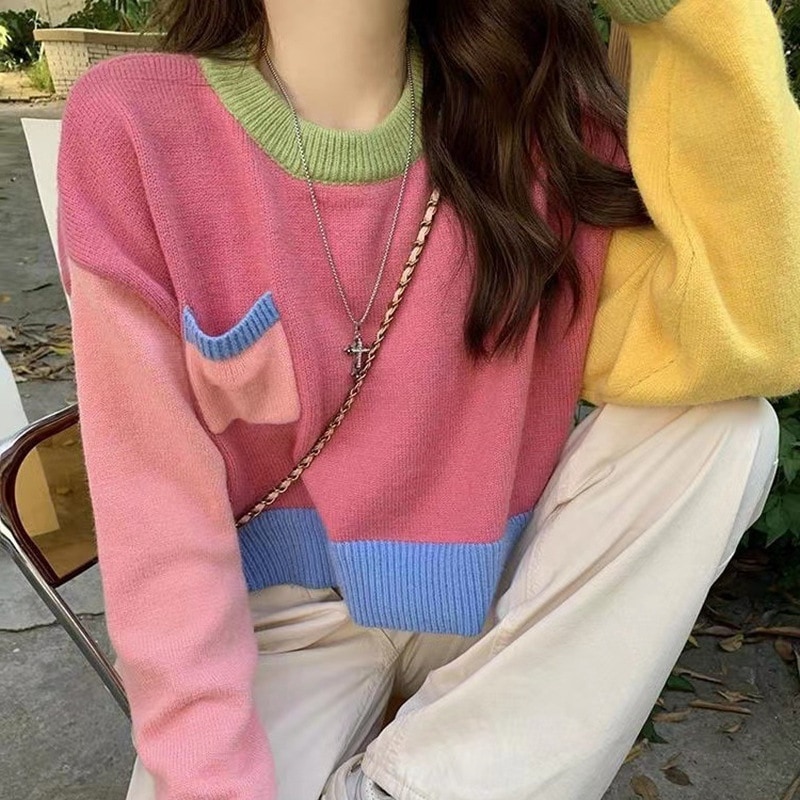 レディース トップス ニット セーター プルオーバー ショート 長袖 Uネック ラウンドネック フェミニン ストリート 切り替えデザイン 配色 ドッキング かわいい 大人可愛い カジュアル おしゃれ