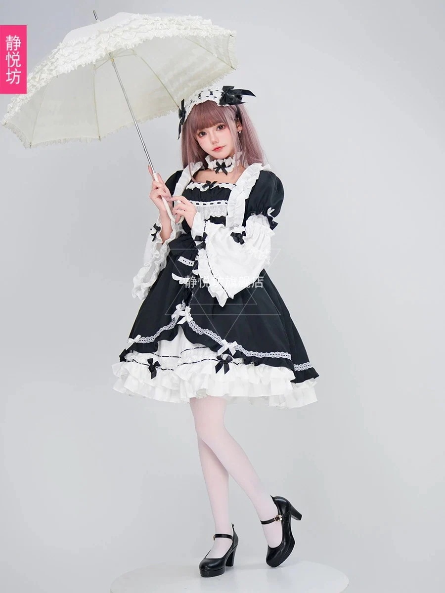 日系ロリータ洋装ゴシックダーク宮廷OPワンピースロリータロリ姫白黒メイド服絶妙な
