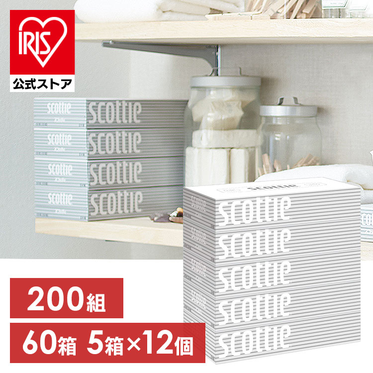 【60個セット】 ティッシュ 400枚（200組） スコッティ すべすべした肌ざわり 5箱×12個セット ティッシュペーパー まとめ買い メガ割