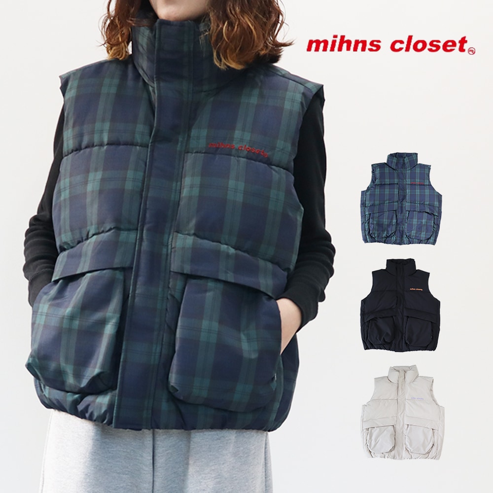 mihnscloset ミンズクローゼット　ダウンベスト　中綿　ベスト　ジャケット　秋冬　防寒　メンズ　レディース　韓国　ファッション　カジュアル　軽量　シンプル　アウター　チェック柄　5452703