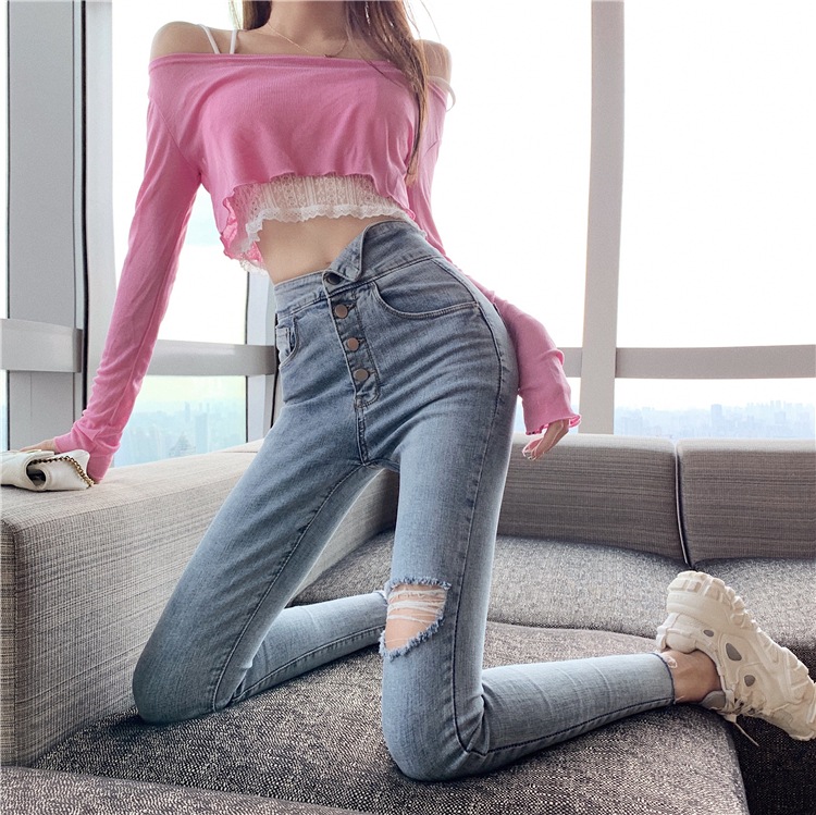 ハイウエストスキニーデニムパンツ ボトムス パンツ デニムパンツ スキニーパンツ 9分丈 スリム タイト 細身 Iライン ハイウエスト デニム かわいい 大人可愛い きれいめ シンプル カジュアル