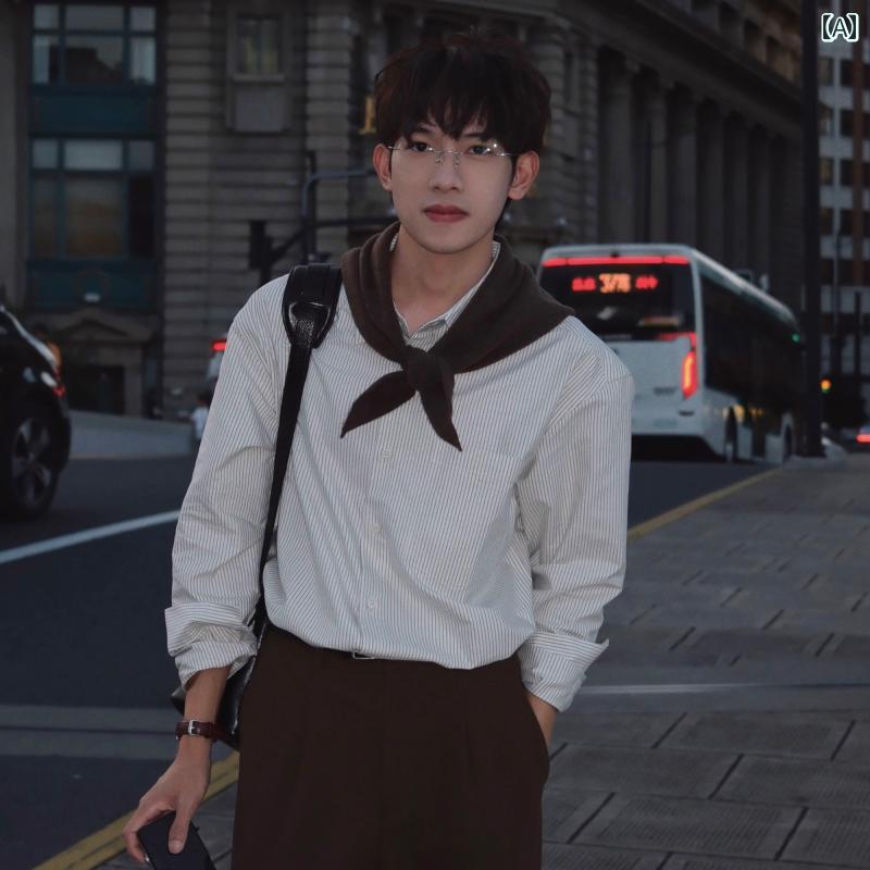 シャツ メンズ カジュアル レトロ 春秋 長袖 トップス オックスフォード ピンストライプ リラックス ホワイト ブラック 5,413円