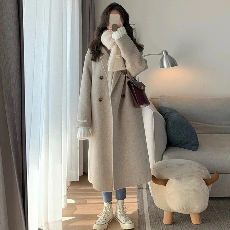 両面カシミアコート レディース ミディアムロング フォーボタン ストレート 無地 両面ウールコート