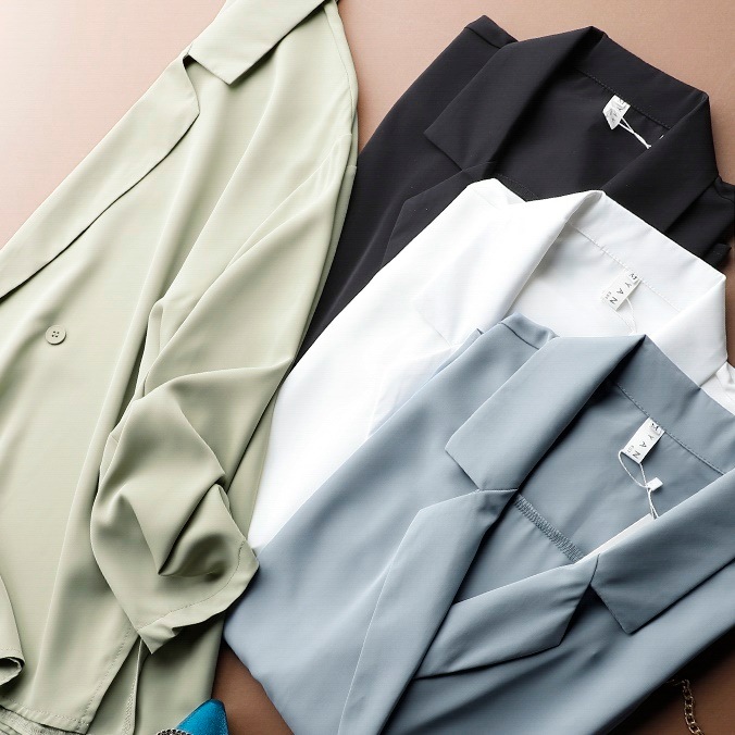 4色 アウター ジャケット レディース 春 きれいめ 軽い カーディガン シャツ 羽織 長袖 襟付き 前開き 白 ホワイト 黒 ブラック グリーン 水色 藍 M L ゆったり ゆる 大人可愛い きれい