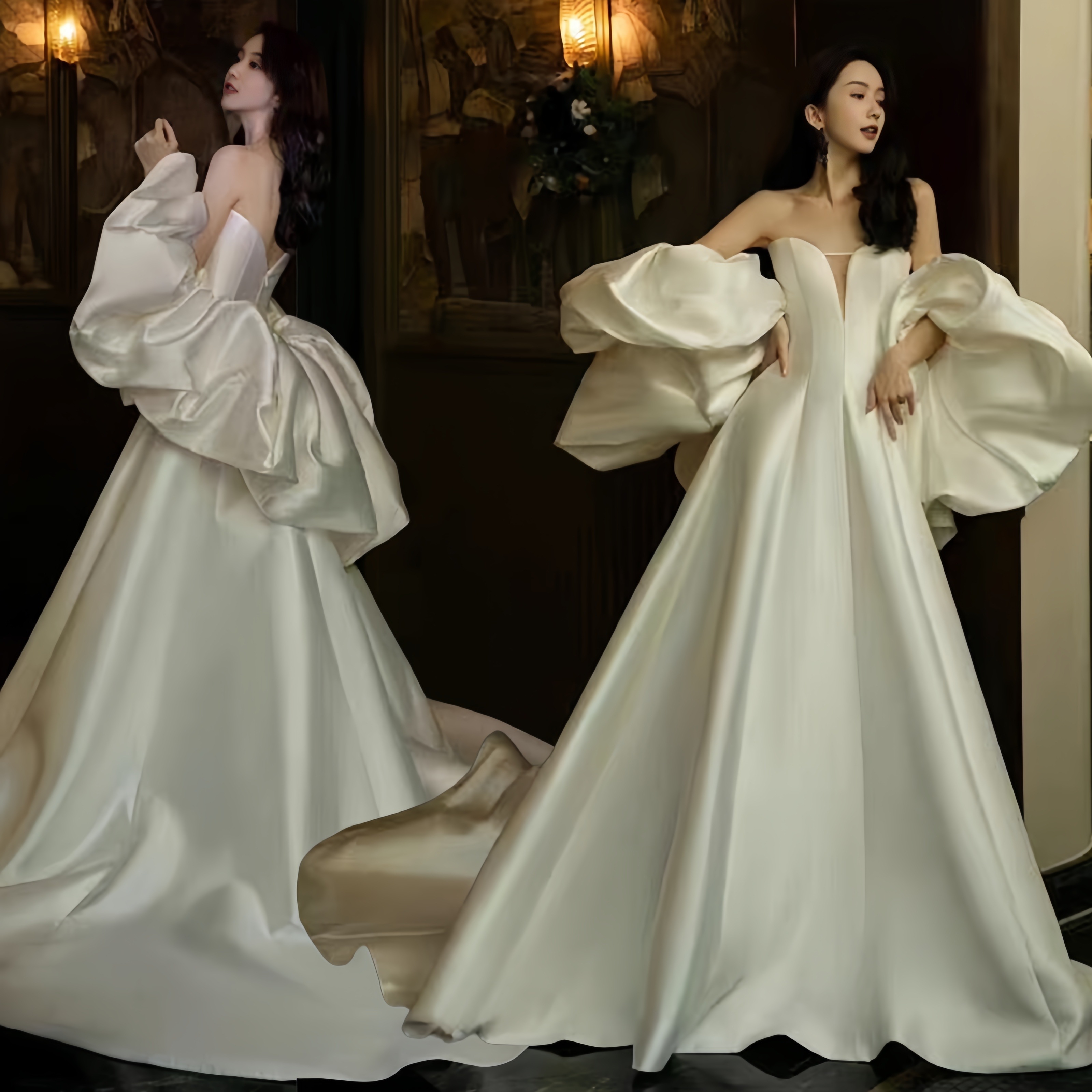 ウェディングドレス Aラインドレス 白 花嫁 結婚式 ドレス挙式 二次会 ブライダル レディース ロングドレス 袖あり プリンセスライン 撮影 編み上げ式