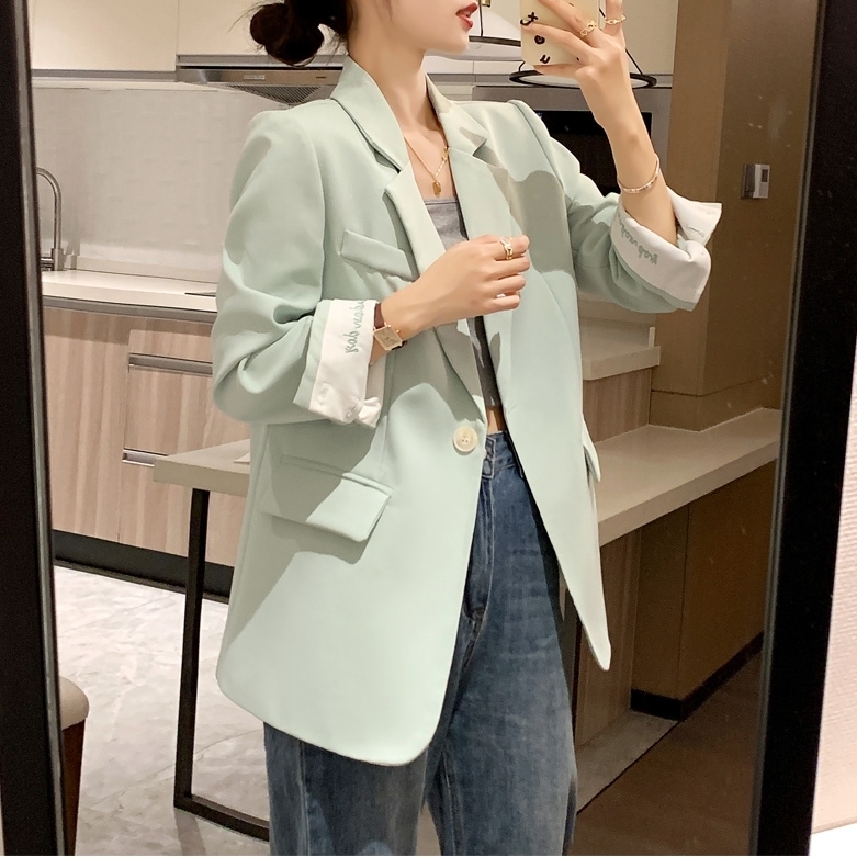 アウター レディース ジャケット テーラード S M L 韓国 長袖 スーツ襟 オーバーサイズ ビッグシルエット 刺繍 ロゴ バイカラー裏地 ドロップショルダー シングルブレスト かわいい 大人可愛い