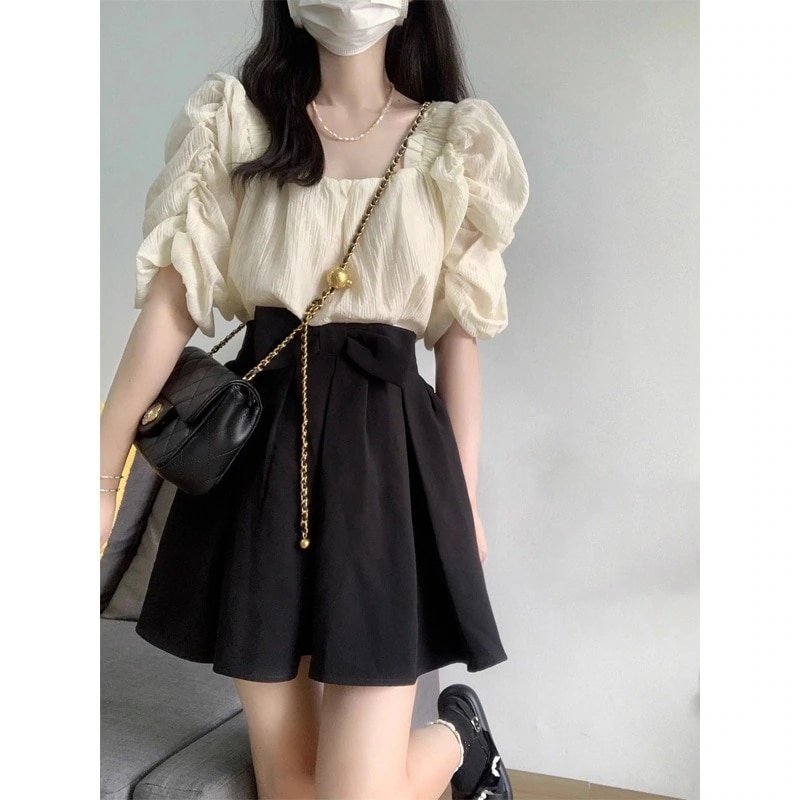 セットアップ レディース ブ スーツ 夏 女性 小柄なパフ 半袖シャツミルクプリーツ ハーフスカート 2点セットで甘く年齢を落とします