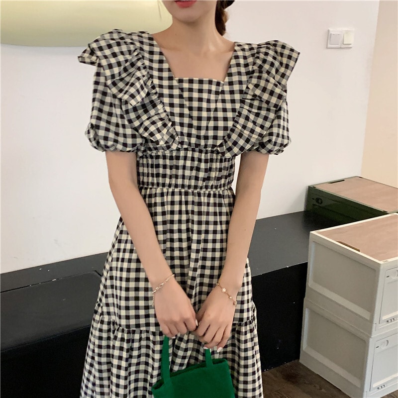 【着用レビュー】ワンピース レディース M L XL 2XL 3XL 4XL 韓国 ロングワンピース チェック柄 ロング丈 ミモレ丈 半袖 Aライン スクエアネック フリル バックリボン かわいい