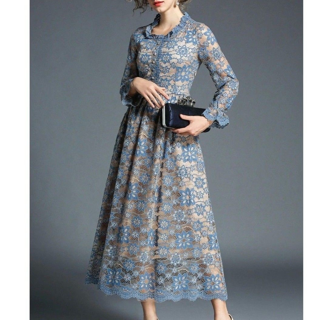 ー品販売 大きいサイズ ロング ドレス 二次会 お呼ばれ 結婚式 パーティードレス レ スワンピース ブルー フリル袖 長袖 青 ドレス サイズ M Aegis Qa