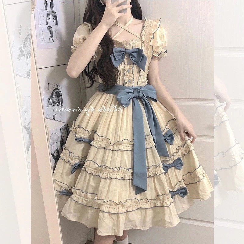 ロリータプリンセスドレスロリータパフスリーブスプライスレースバインディングボウウエストドレス