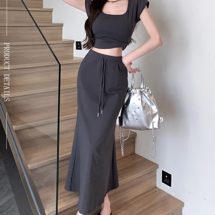 Tシャツ スカート 2点セット セットアップ スポーツカジュアル Tシャツ ロング丈 半袖 ハイウエスト かわいい 大人可愛い きれいめ シンプル カジュアル 大人 上品 おしゃれ お洒落 かっこいい