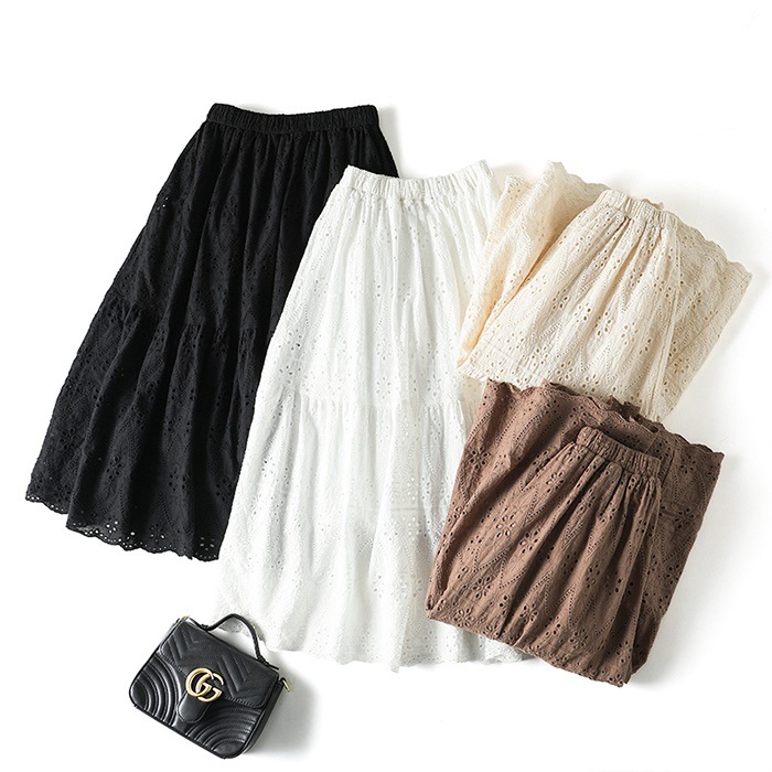 2026新入荷！【早割り】 スカート ティアード 森ガール ロリータ レース 綿 刺繍 精緻 ２段 ロング丈 白黒 4色 ゆめかわいい 可愛い フェミニン ガーリー アイレット 丈77cm