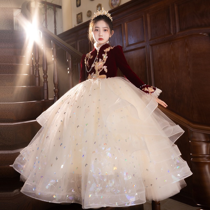 【2枚購入で 3oo円OFF】女の子のドレススプリングワインレッドベルベット美とハイエンドのホストピアノパフォーマンスコスム