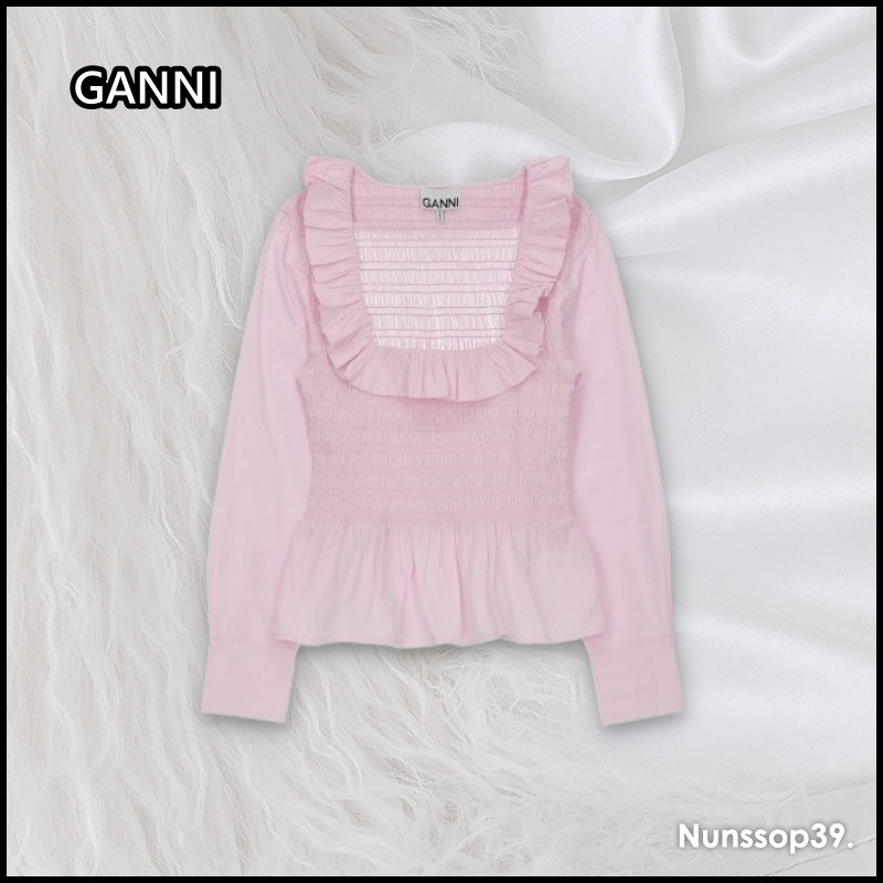 GANNI F7558 428 COTTON POPLIN OPEN-NECK SMOCK SHIRT