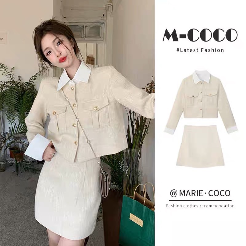 【選べるスカート丈】セットアップ ポロカラー ショート長袖ジャケット＋スカート ツーピース set up レディース 韓国 オルチャン 可愛い ミニスカート ミモレスカート ジャケット C358