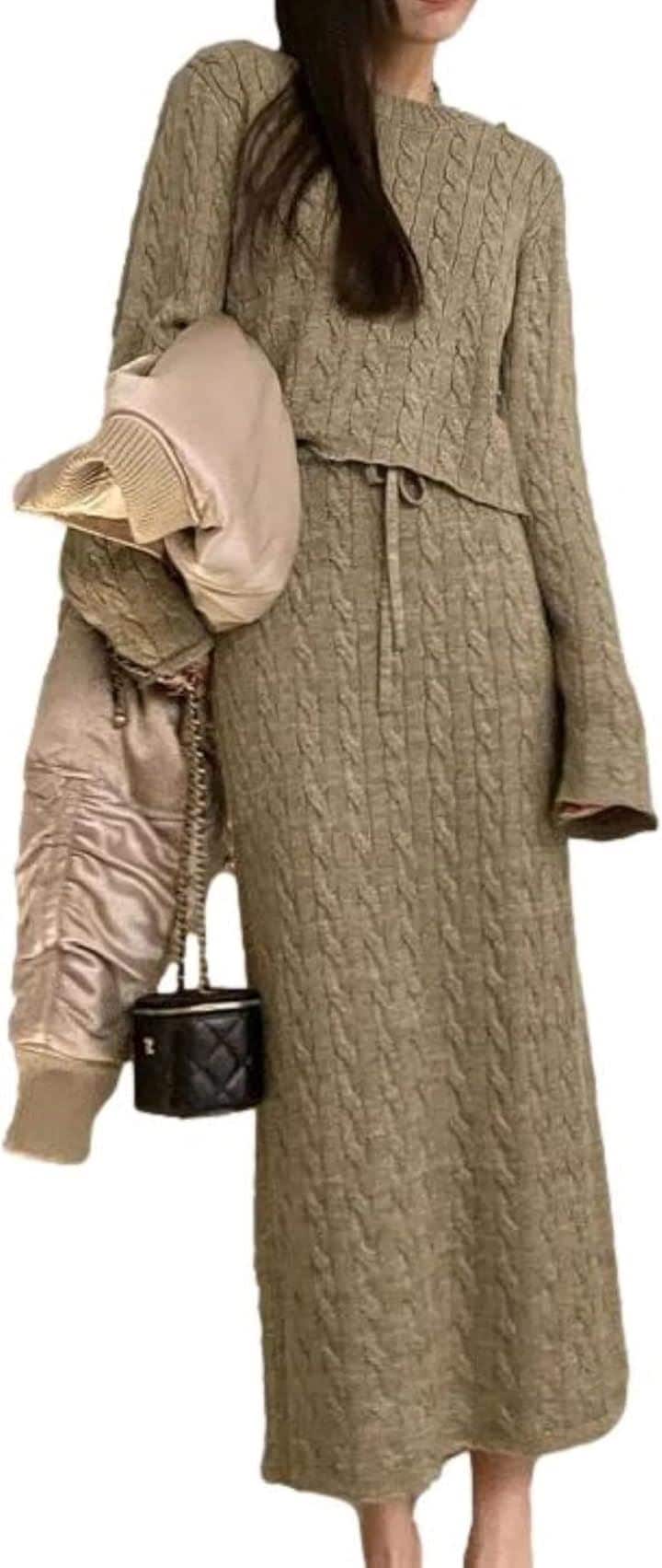 セットアップ レディース 2点セット ニット ケーブル編 ロングスカート Iライン ラウンドネック レディースファッション デート Iラインスカート ニットセーター(グリーン, L) 8,180円