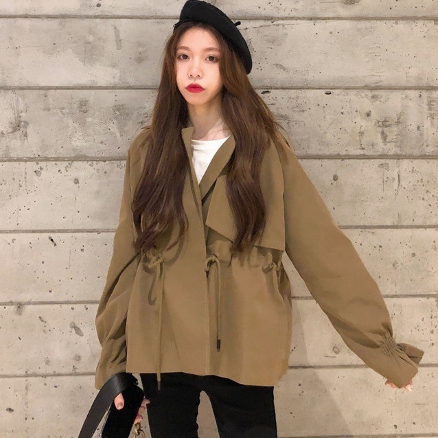 アウター ジャケット トレンチコート ショート ショート丈 長袖 フレアスリーブ Vネック 襟付き