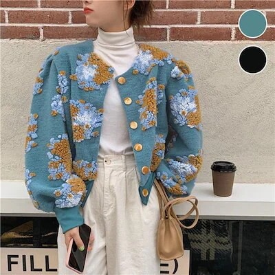 韓国ファッション 大人気ニット今週の割引は 25% オフですカーディガン 花柄ボア くるみボタン 4,617円