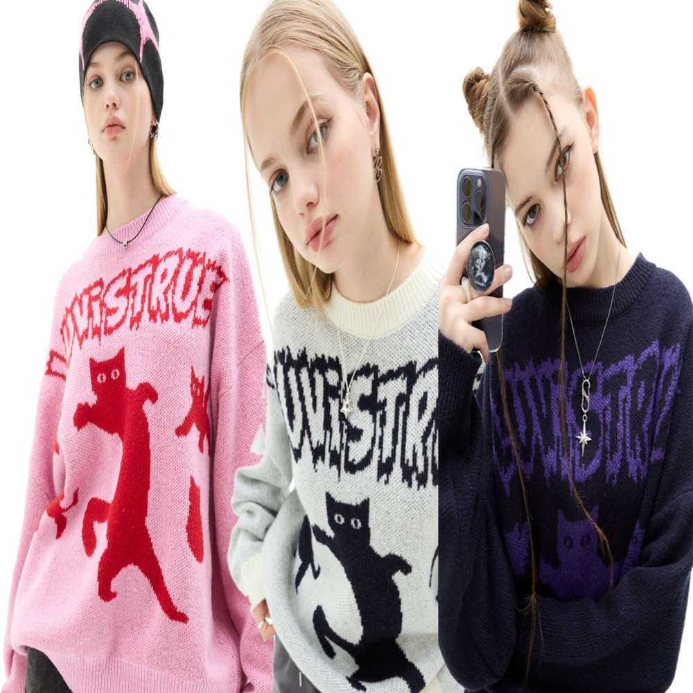 クーポン贈呈/韓国限定/韓国ファッション/韓国アイドル着用/VL 2D CAT ニート/スウェット/セーター/セーター/トップス /レディースファッション