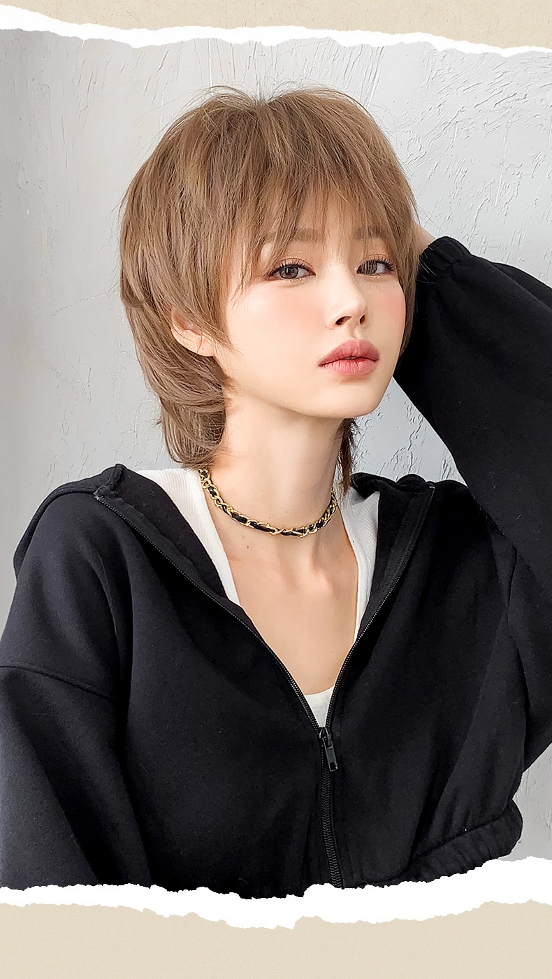 ウルフカットウィッグショートヘア女装男装兼用蜜茶アッシュカラーおしゃれ中性風小顔効果高温ファイバー使用自然感フルウィッグ整頂タイプファッションウィッグ男女兼用