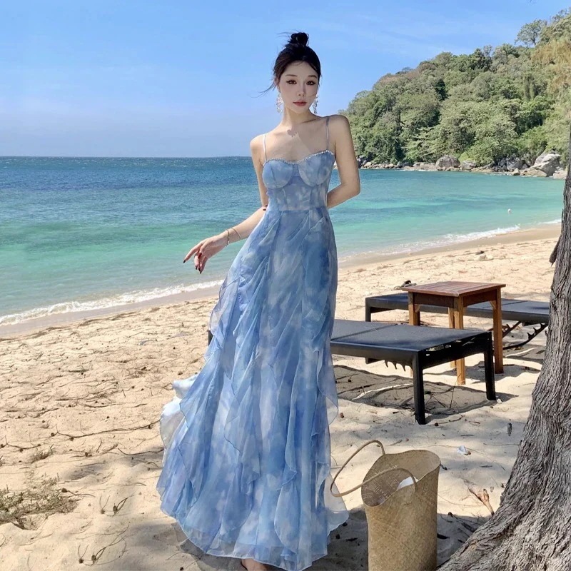本日限定 ドレスサマースカート海辺ビーチ旅行ロングスカートレディースサスペンダー服美しい休暇アイランドビーチ