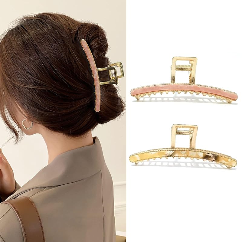 Fuyunohi ヘアクリップ 大きめ バンスクリップ 韓国 2個セット 髪留め クリップ しっかりとまる ヘアアクセサリー バレッタ おしゃれ 大人 ヘアアレンジ 長い髪 べっ甲風 髪飾り ピンク