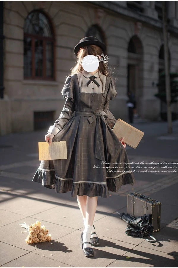 ロリータ ワンピース 学生風 レトロ風 チェック柄 レディース ロリータワンピース ミモレ丈 ボリューム袖 パフスリーブ 上品 ロリィタファッション 森ガール フリル リボン 長袖 ドレス コス 5,198円