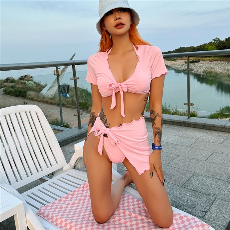 【1つ買うと10つ無料】夏の水着女性ソリッドカラースプリットビキニ4ピースセット温泉休暇水着