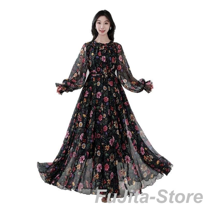 秋の特典ワンピースドレス レディース 春秋 マキシ丈 シルク風 花柄 長袖 ロング丈ワンピース きれいめ シフォン 韓国風 結婚式 ドレス 着痩せ オシャレ リネン