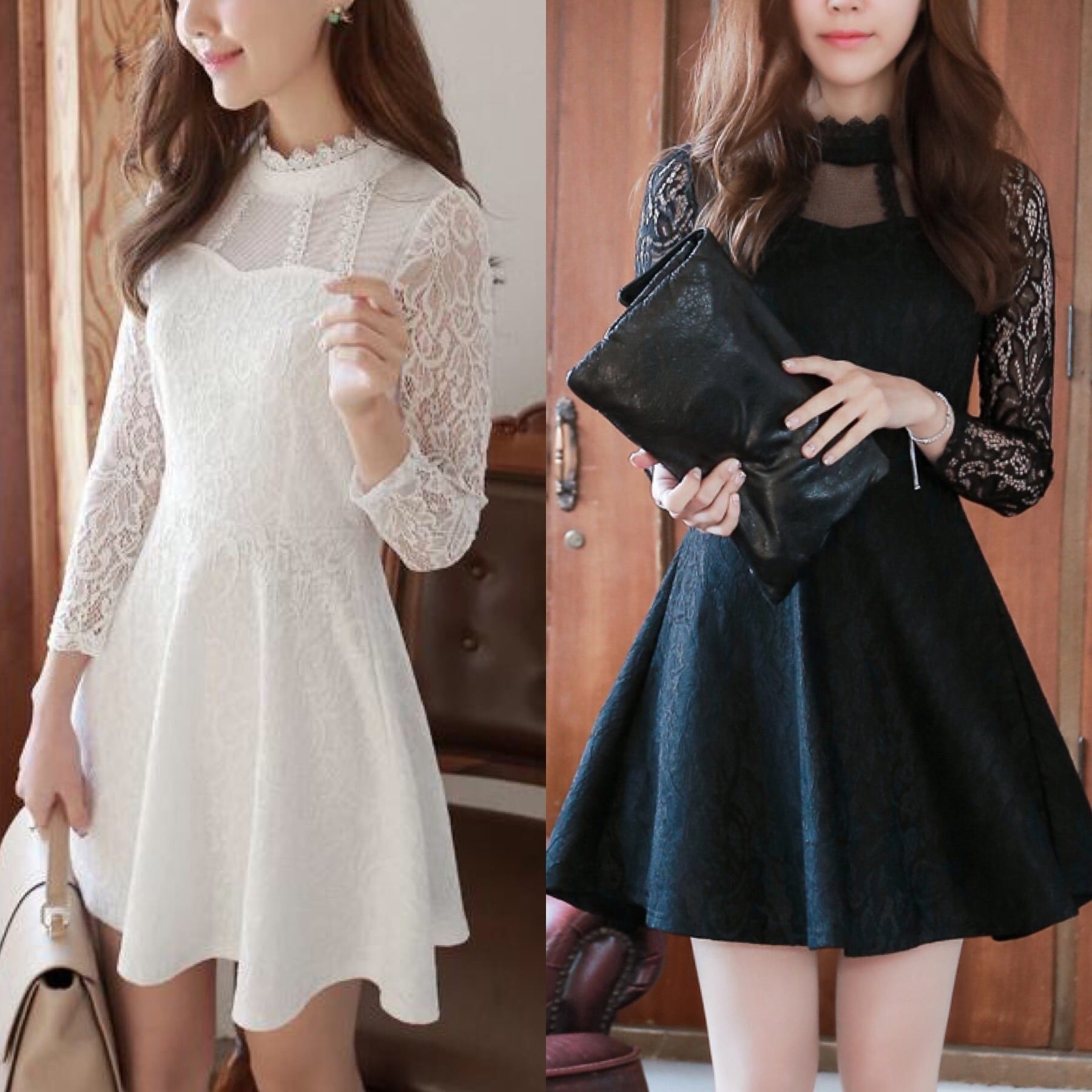 レース 長袖 ハイネック ショートドレス ハルネック ハイウエスト フレア ミニ丈 上品 清楚 シック レディース ２０１８年新作 定番 人気 およばれ 結婚式 二次会 演奏会 観劇 謝恩会 発表会