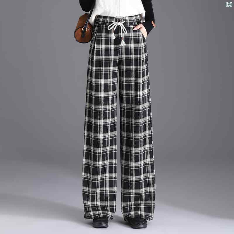 レディース　ファッション　オシャレ　シンプル 耐久性 ウエスト レトロ チェック柄 ストレート ワイド レッグ パンツ ズボン 春秋 カジュアル フロア レングス